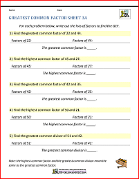 Greatest Common Factor Worksheet page