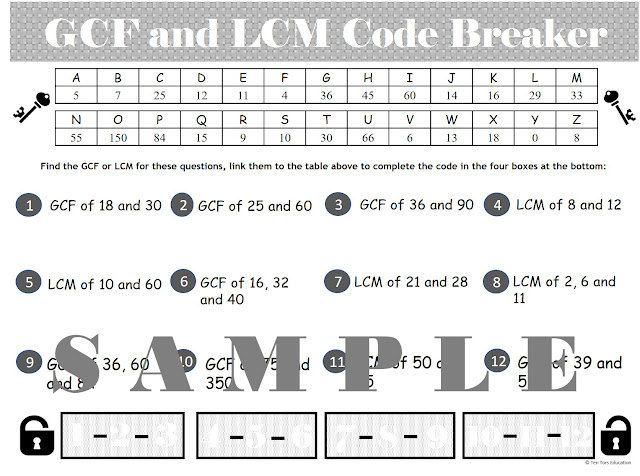 TenTors Math Teacher Resources: GCF and LCM Worksheet Puzzle