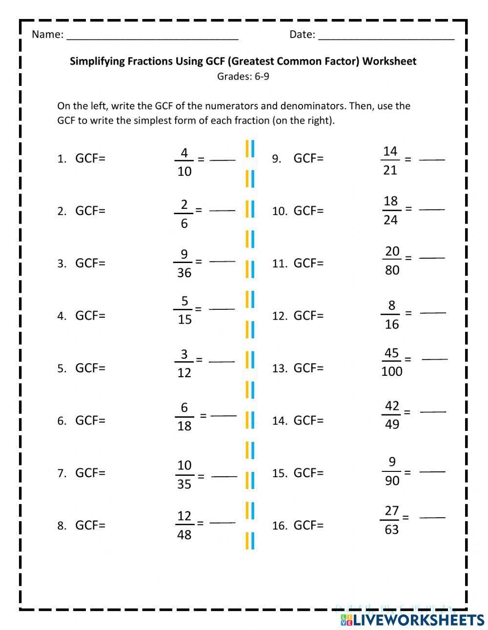 gcf fractions worksheet