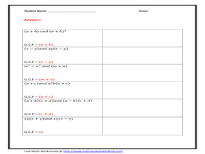 GCF of Polynomials: all variables Worksheet for 7th - 12th Grade ...