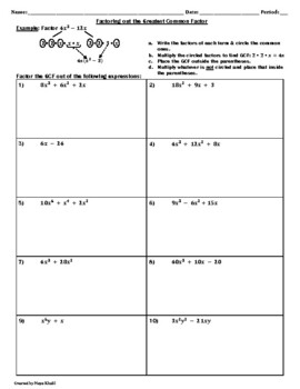 Factoring out the Greatest Common Factor Worksheet - Teaching and ...