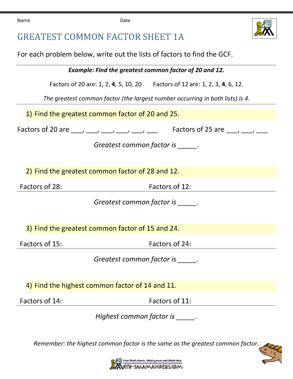 Greatest Common Factor Worksheet page