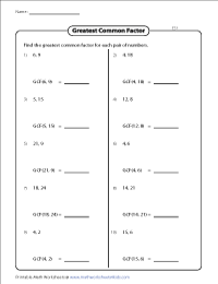 Greatest Common Factor (GCF) Worksheets