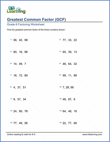 Grade 6 Factoring Worksheets: Greatest common factor of 3 numbers ...