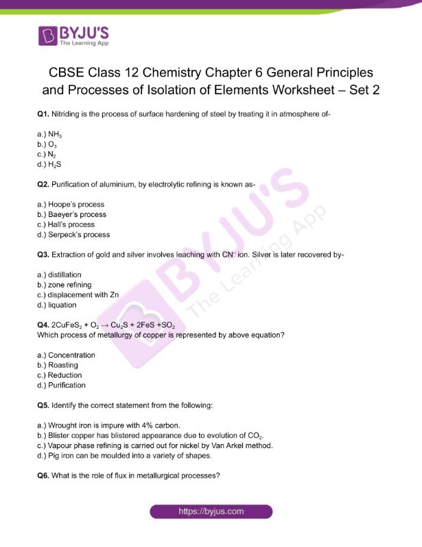 Class 12 Chemistry Worksheet on Chapter 6 General Principles and ...