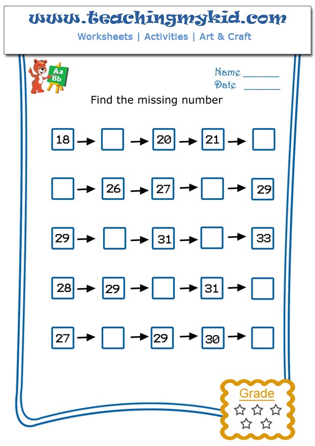 math worksheets for grade 1 - Write the missing number - 4 - 7