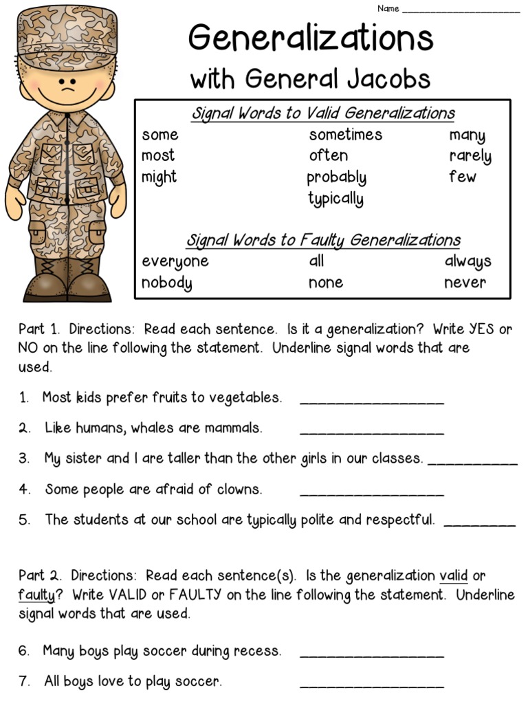 generalization worksheet for 4th grade