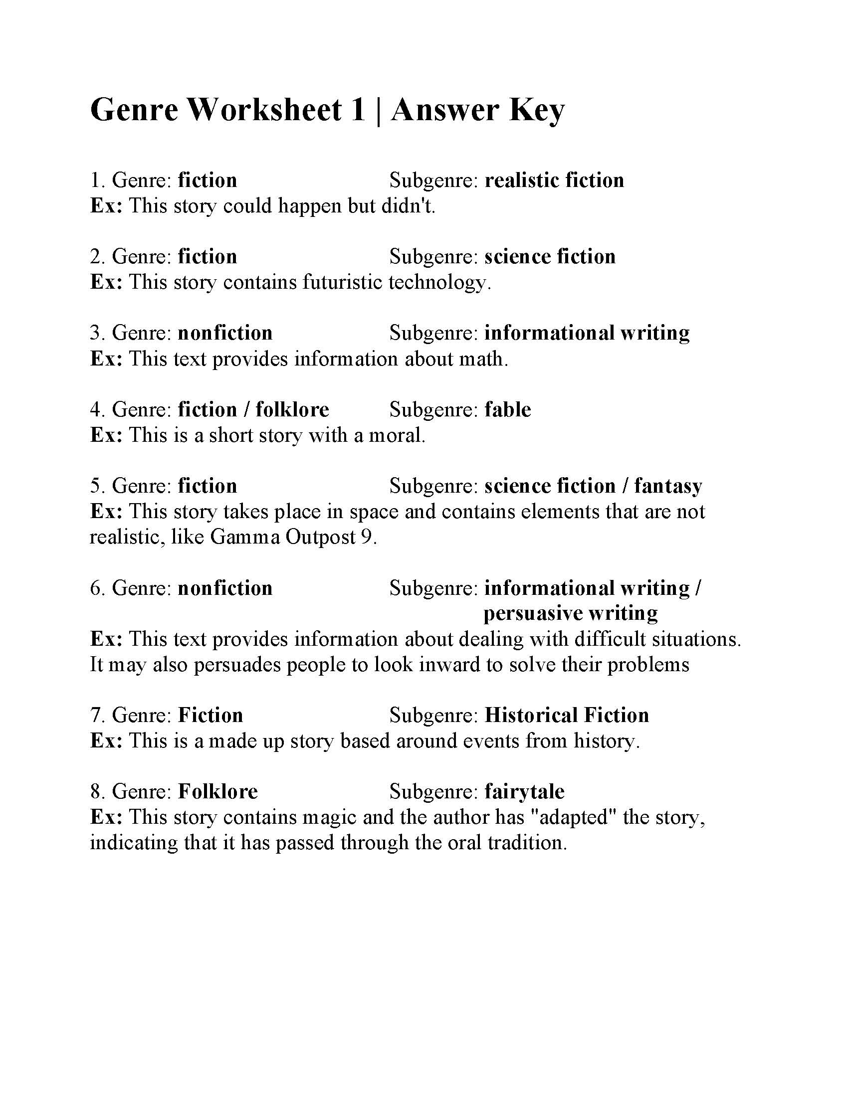 genre worksheet 1 answers