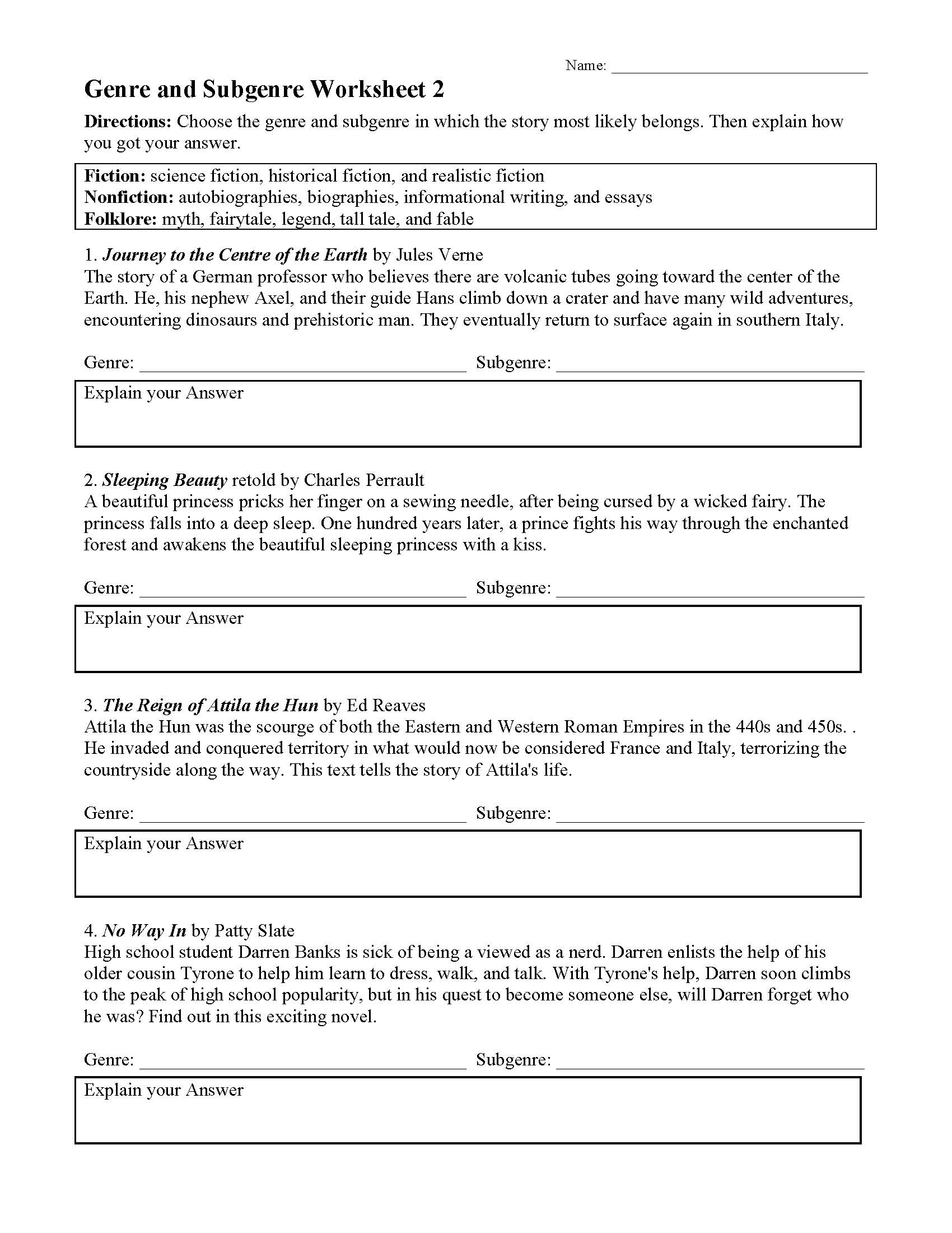 genre worksheet 4th grade