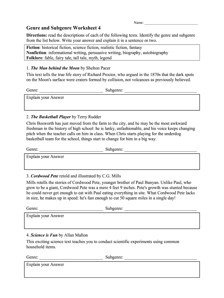 fiction-genres Printable 4th Grade Worksheets 