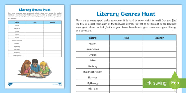 Literary Genres Hunt Worksheet (teacher made) - Twinkl