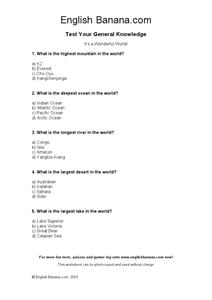 World Geography Quiz Worksheet for 5th - 6th Grade | Lesson Planet