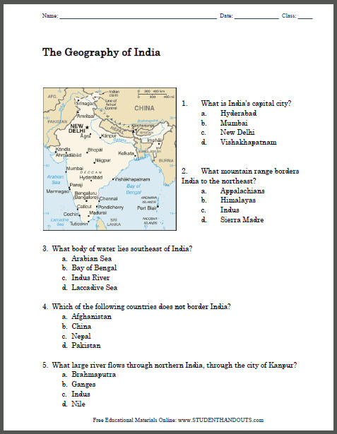 Geography of India - Printable Map Worksheet | Student Handouts