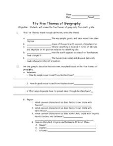 The Five Themes of Geography Worksheet for 7th - 9th Grade ...