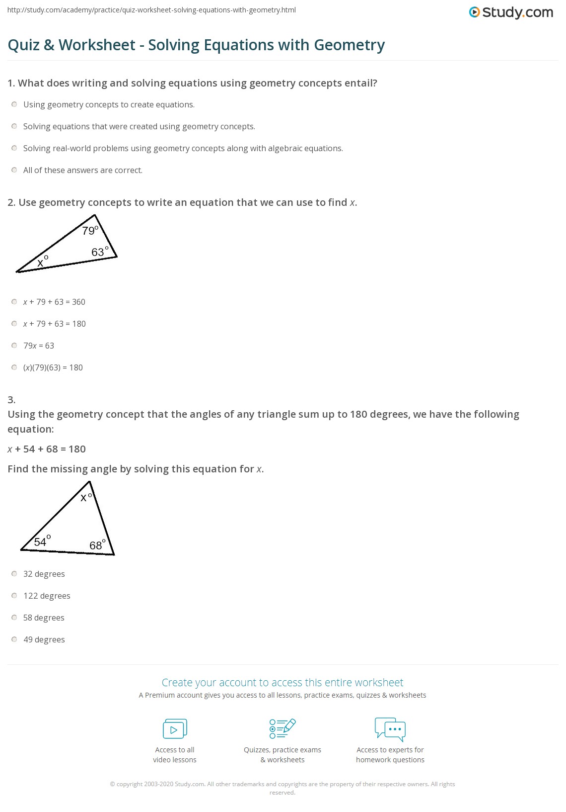 Quiz &  Worksheet - Solving Equations with Geometry | Study.com