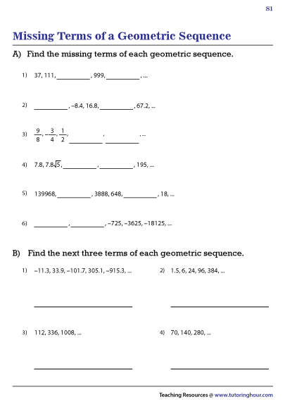 Missing Terms of a Geometric Sequence Worksheets