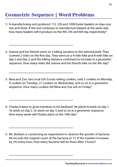 Geometric Sequence Word Problems Worksheets