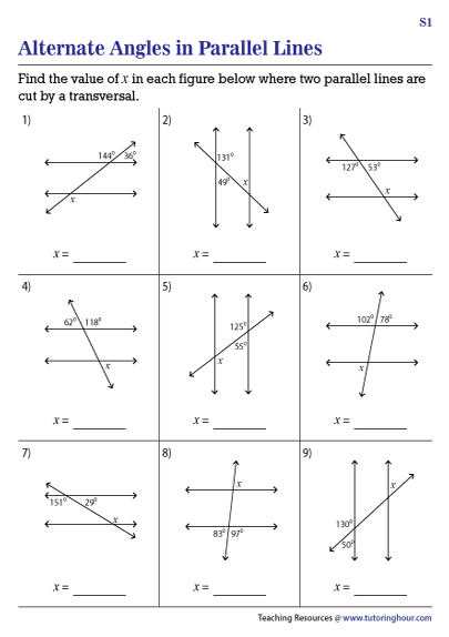 Alternate Angles in Parallel Lines Worksheets