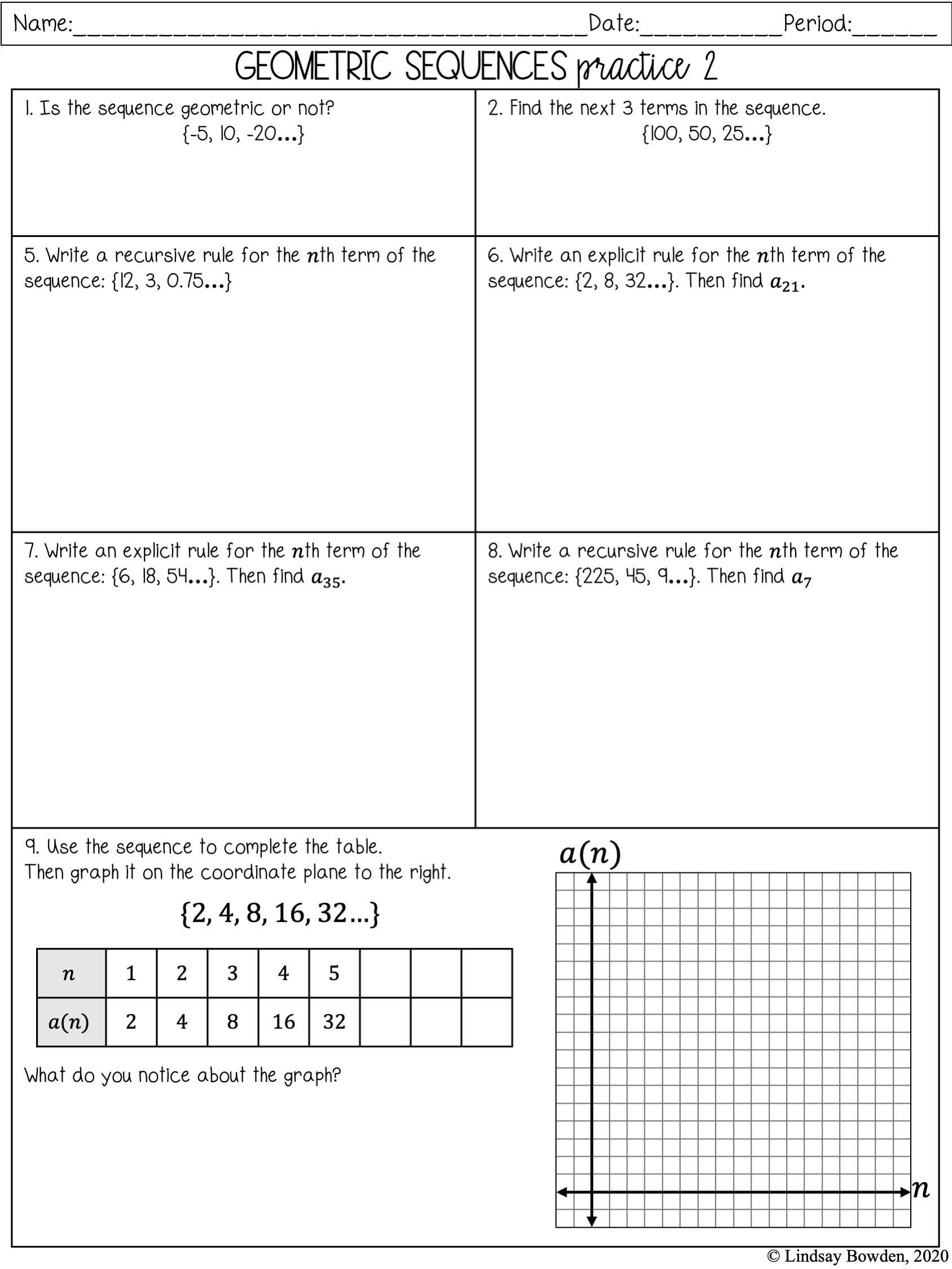 Geometric Sequences Notes and Worksheets - Lindsay Bowden