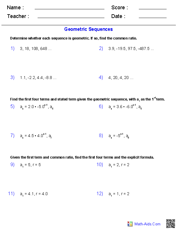 Algebra 2 Worksheets | Sequences and Series Worksheets