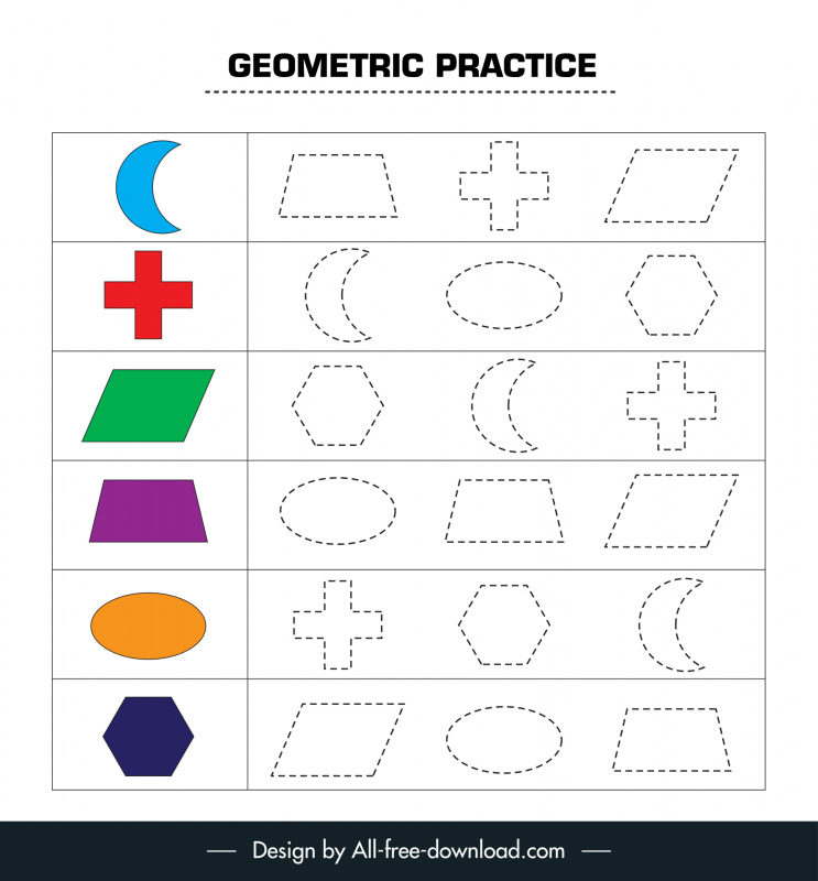 Geometric tracing worksheet for kid template flat handdrawn ...