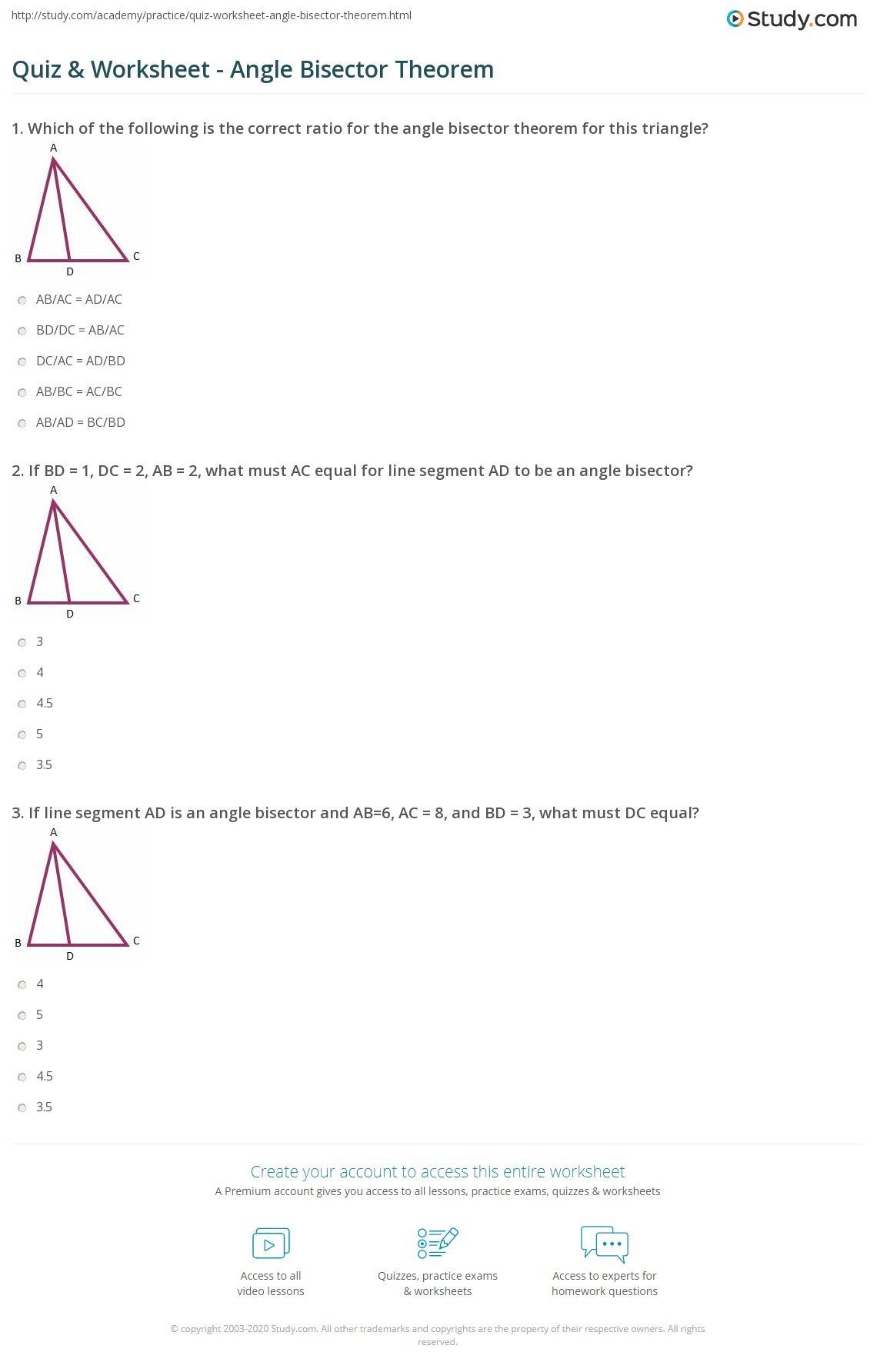Quiz &  Worksheet - Angle Bisector Theorem | Study.com