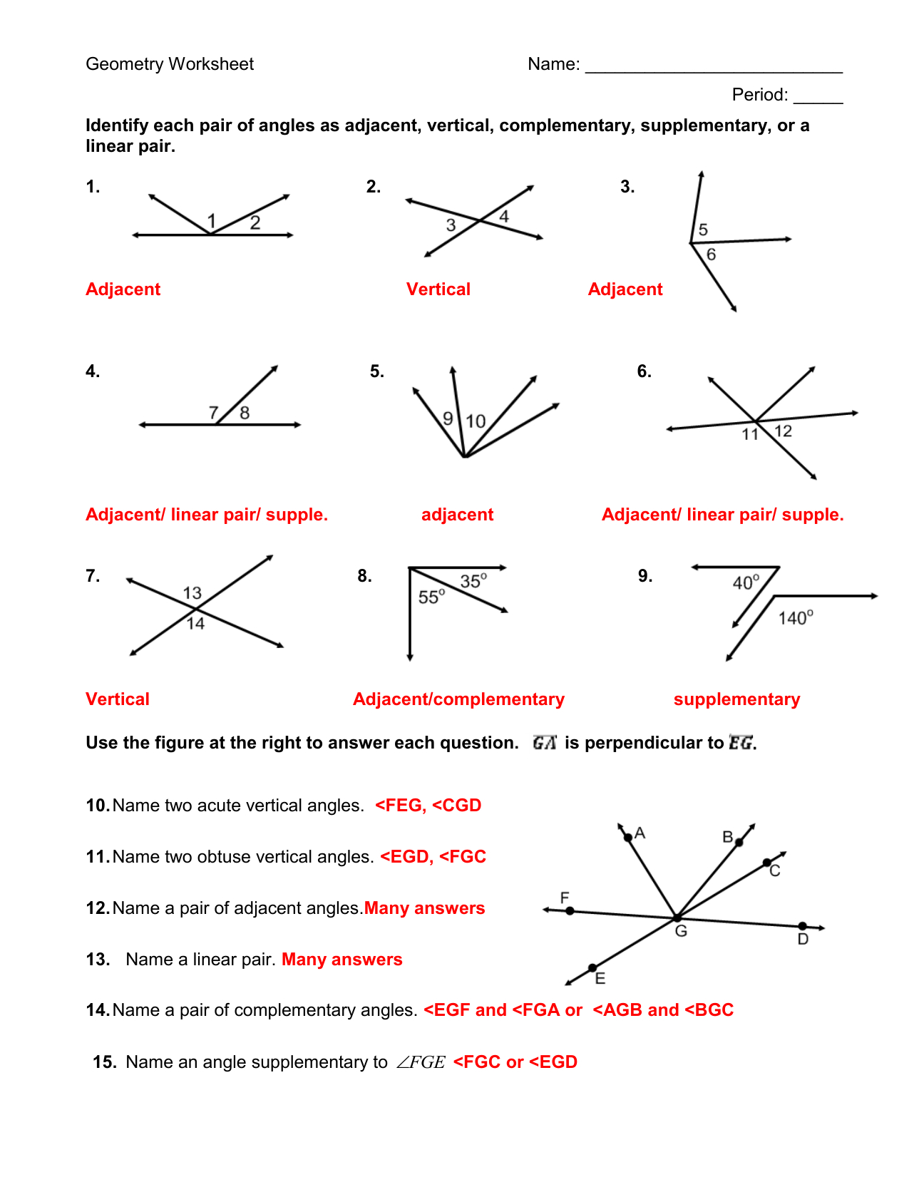 Angle Relationships Math Lib Answer Key
