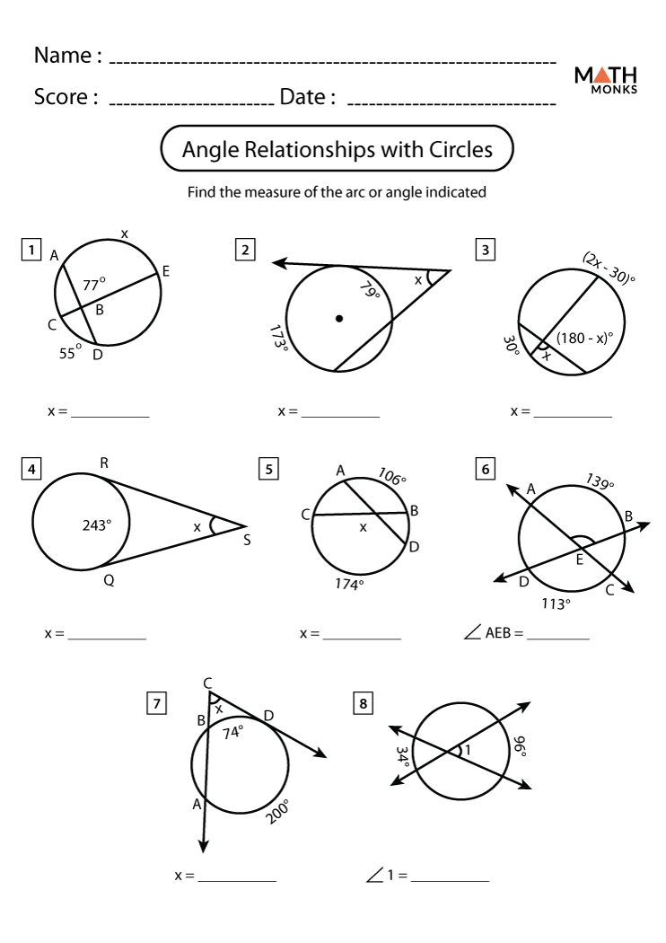 Angles in a Circle Worksheets - Math Monks