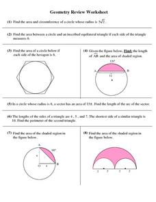 Circles: Geometry Review Worksheet Worksheet for 10th Grade ...