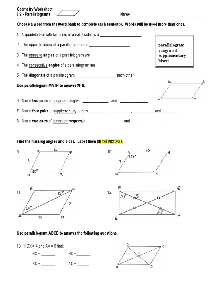 Geometry Worksheet 6.2 Parallelograms PDF | PDF