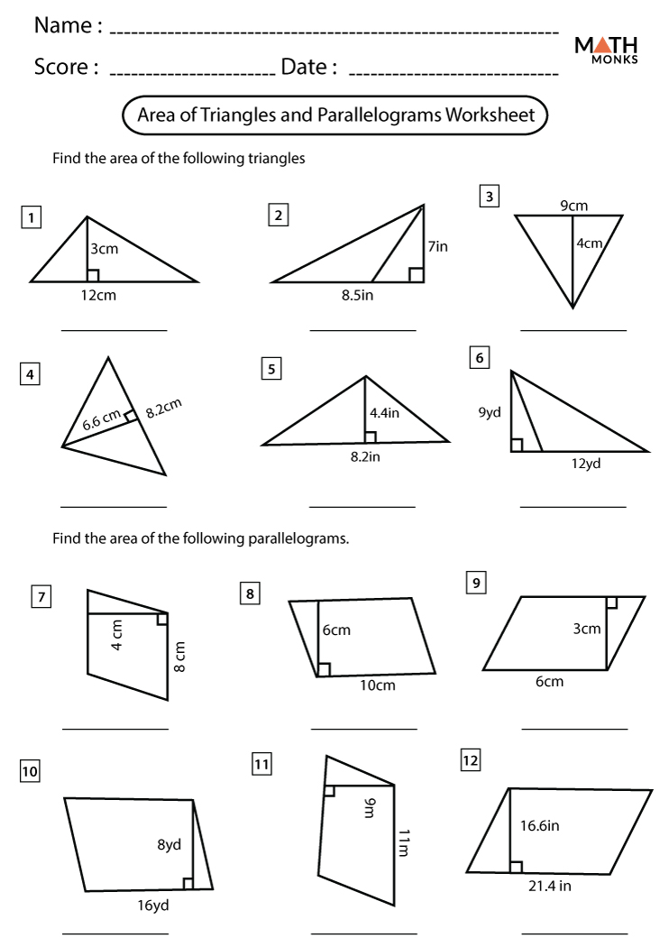 Area of Triangles and Parallelograms Worksheets - Math Monks