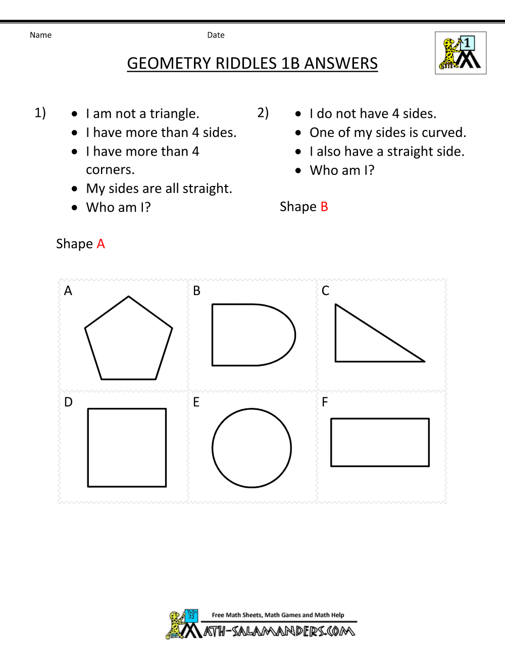 Printable Geometry Worksheets - Riddles