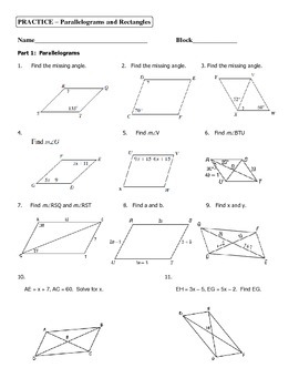Geometry Unit 5 Parallelograms and Rectangles Practice Worksheet