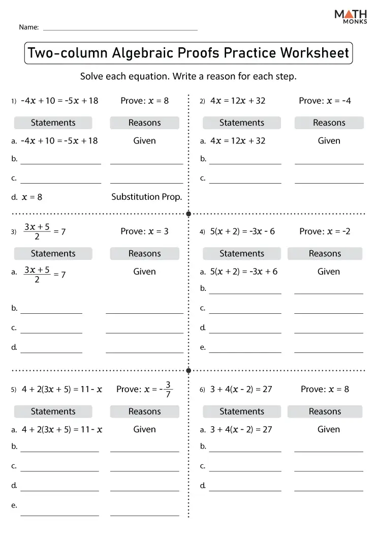 Algebraic Proofs Worksheets - Math Monks