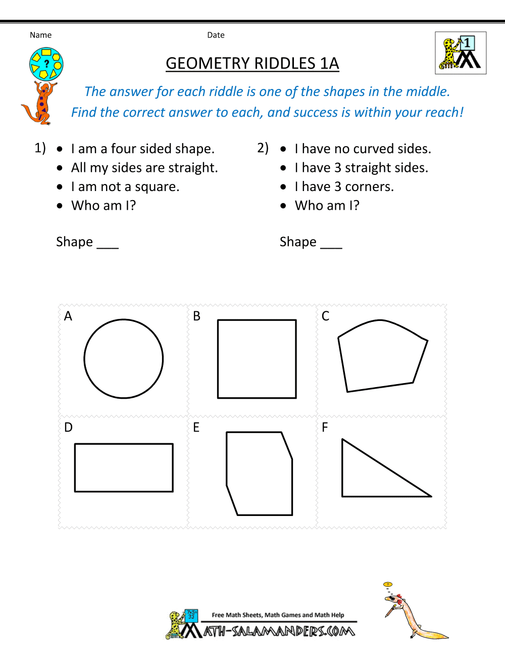 Printable Geometry Worksheets - Riddles