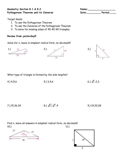 Geometry Section 8.1 &   8.2 Name: Pythagorean Theorem and its ...