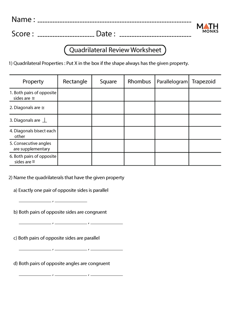 geometry quadrilateral review worksheet