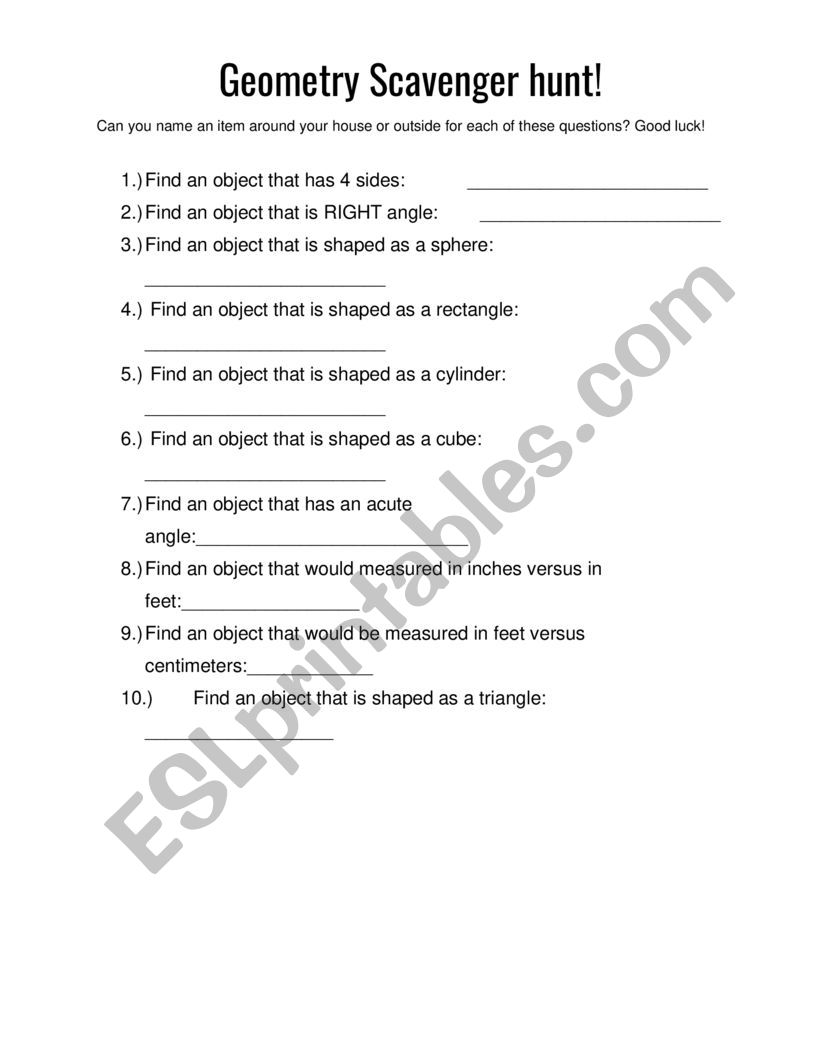 Geometry Scavenger Hunt ESL worksheet by crum Worksheets Library