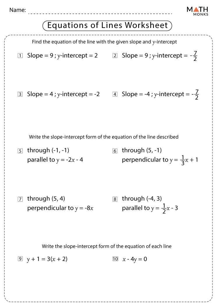 Writing Equations of Lines Worksheets with Answer Key