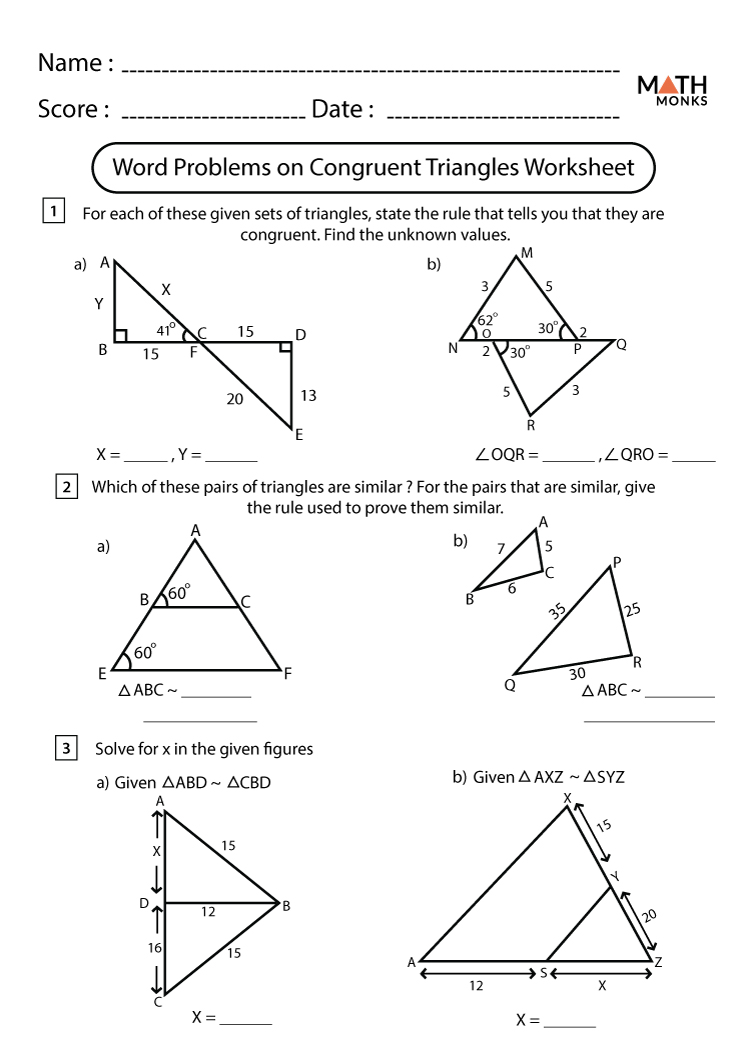 Congruent Triangles Worksheets - Math Monks