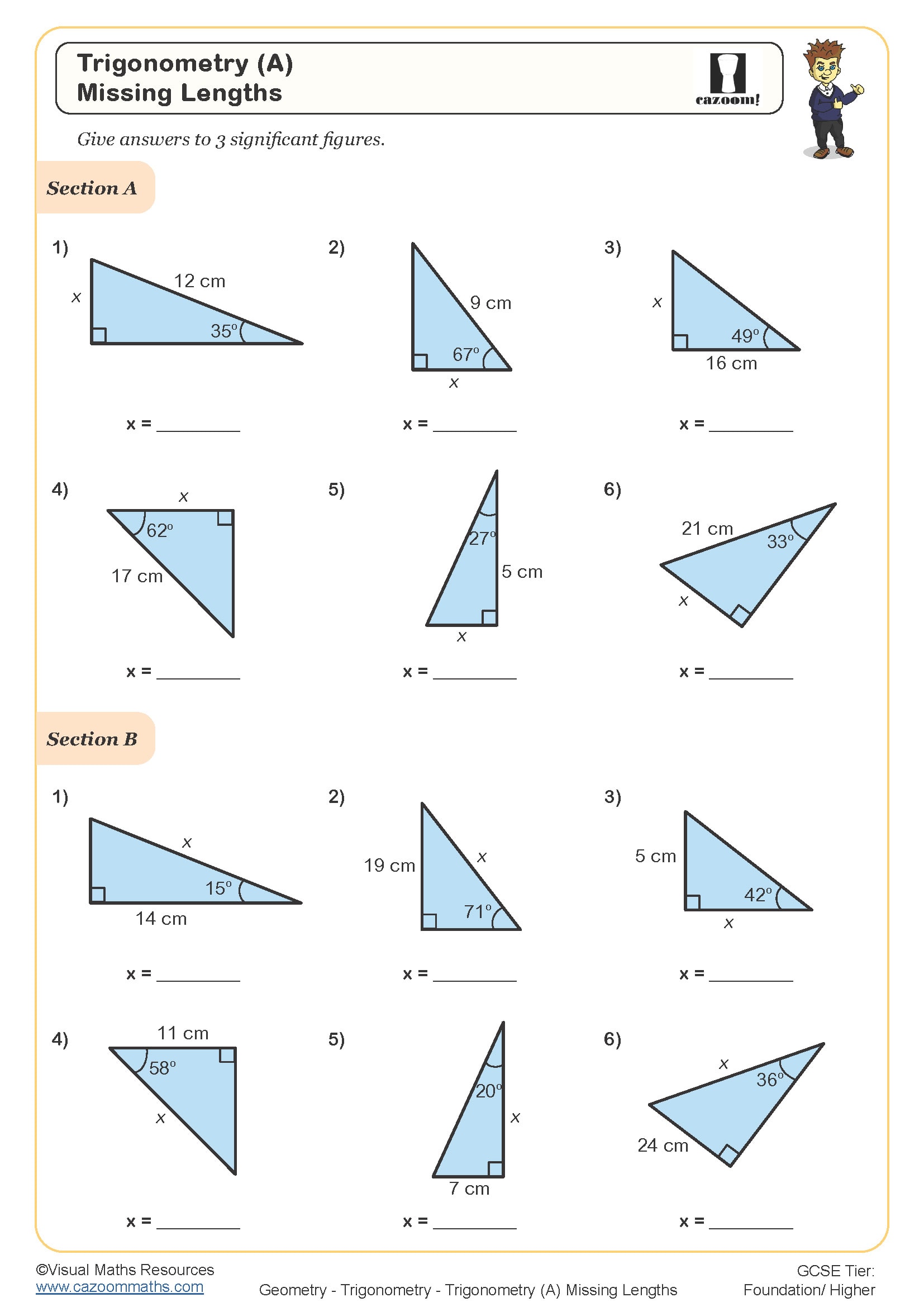 Trigonometry (A) Missing Lengths Worksheet | Printable Maths ...