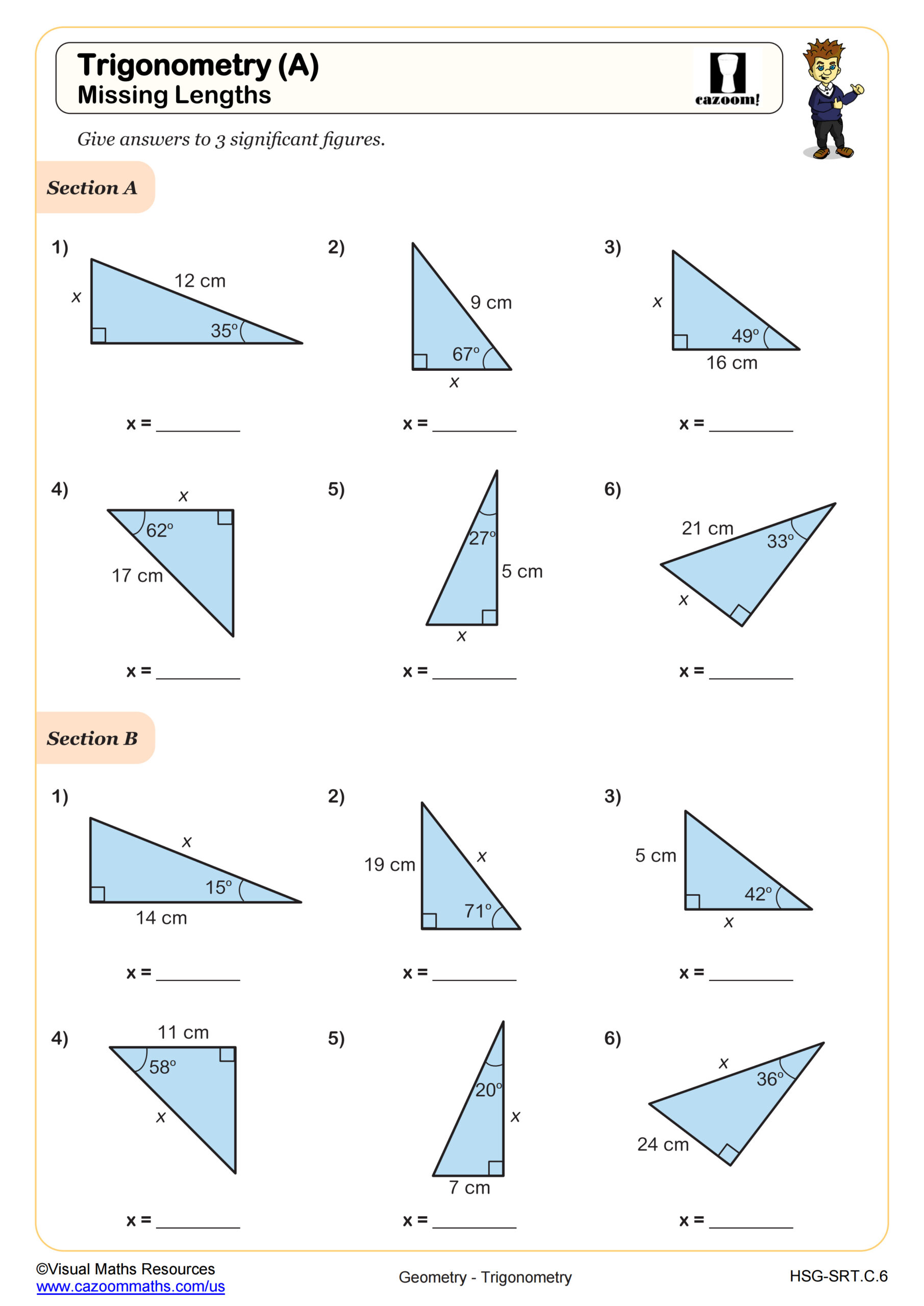 Trigonometic Ratios (SOH CAH TOA): Missing Side Lengths Worksheet ...