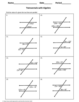 Geometry Worksheet: Transversals and Related Angles with Algebra