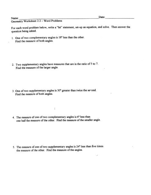 Name: Date: Geometry Worksheet 2.2 -— Word Problems For each ...
