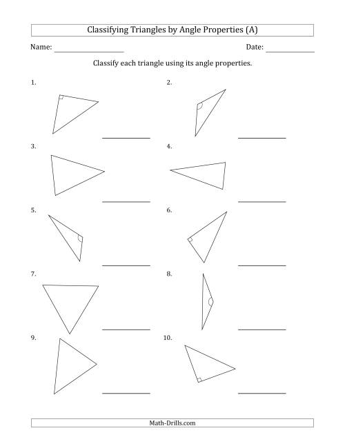 Classifying Triangles by Angle Properties (Marks Included on ...