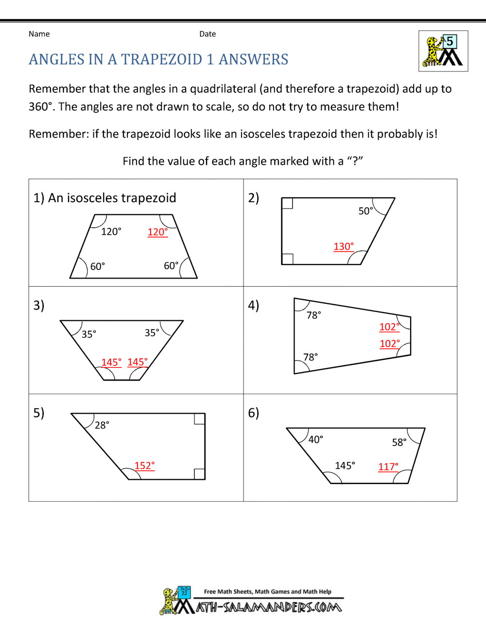geometry worksheet with answers