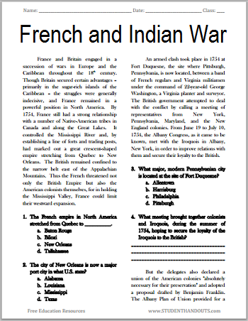 george washington french and indian war worksheet