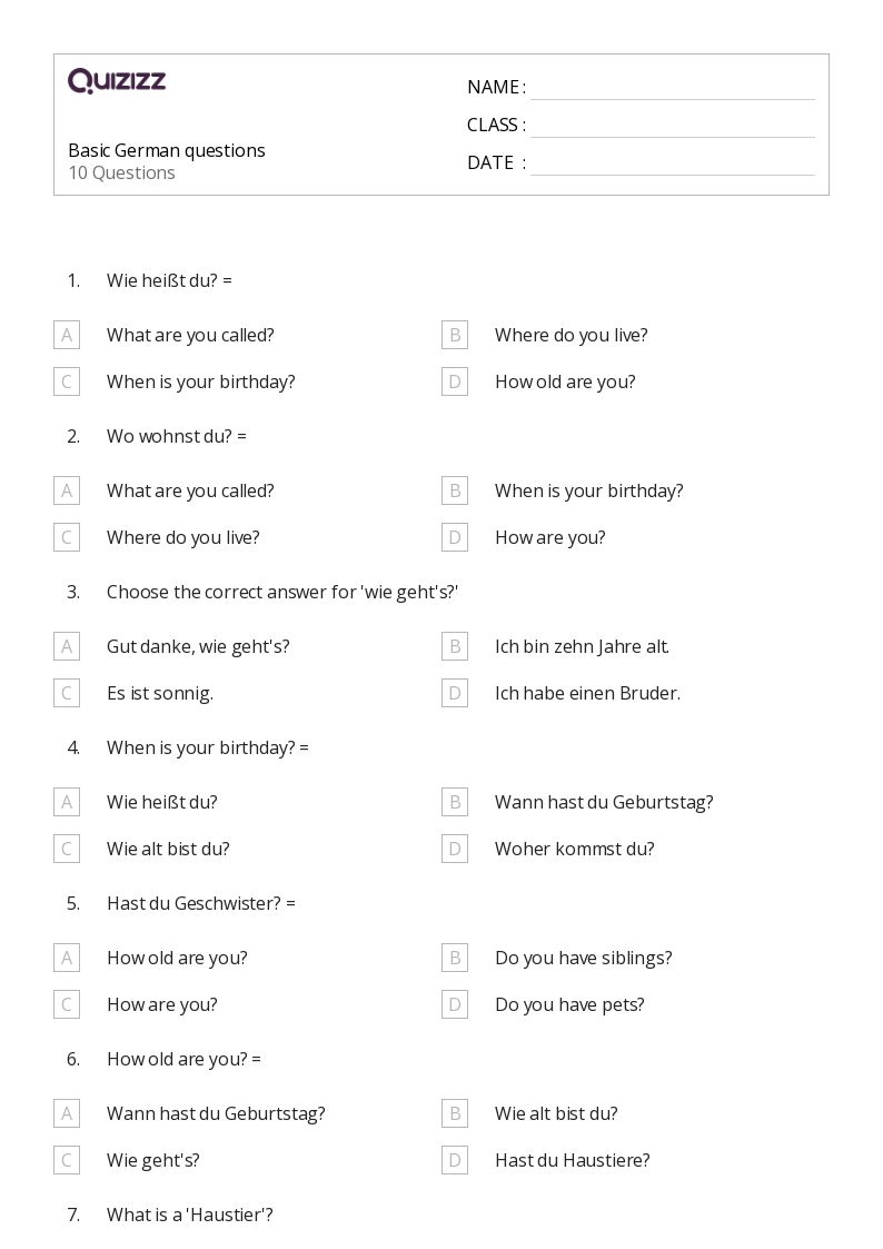 50+ German worksheets for 2nd Year on Quizizz | Free &  Printable