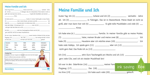 My Family and Me Reading Comprehension Worksheet / Worksheet German