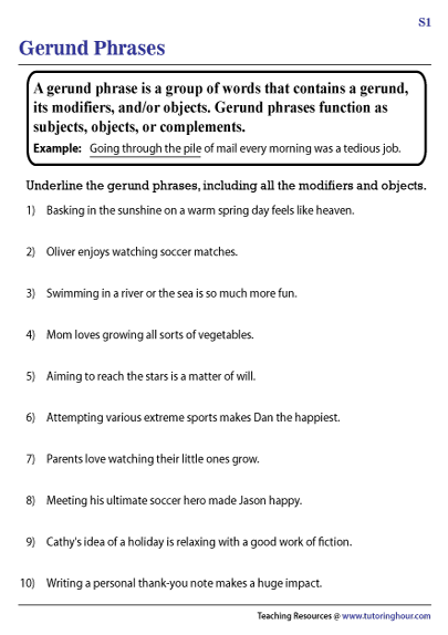 Gerund Phrase Worksheets